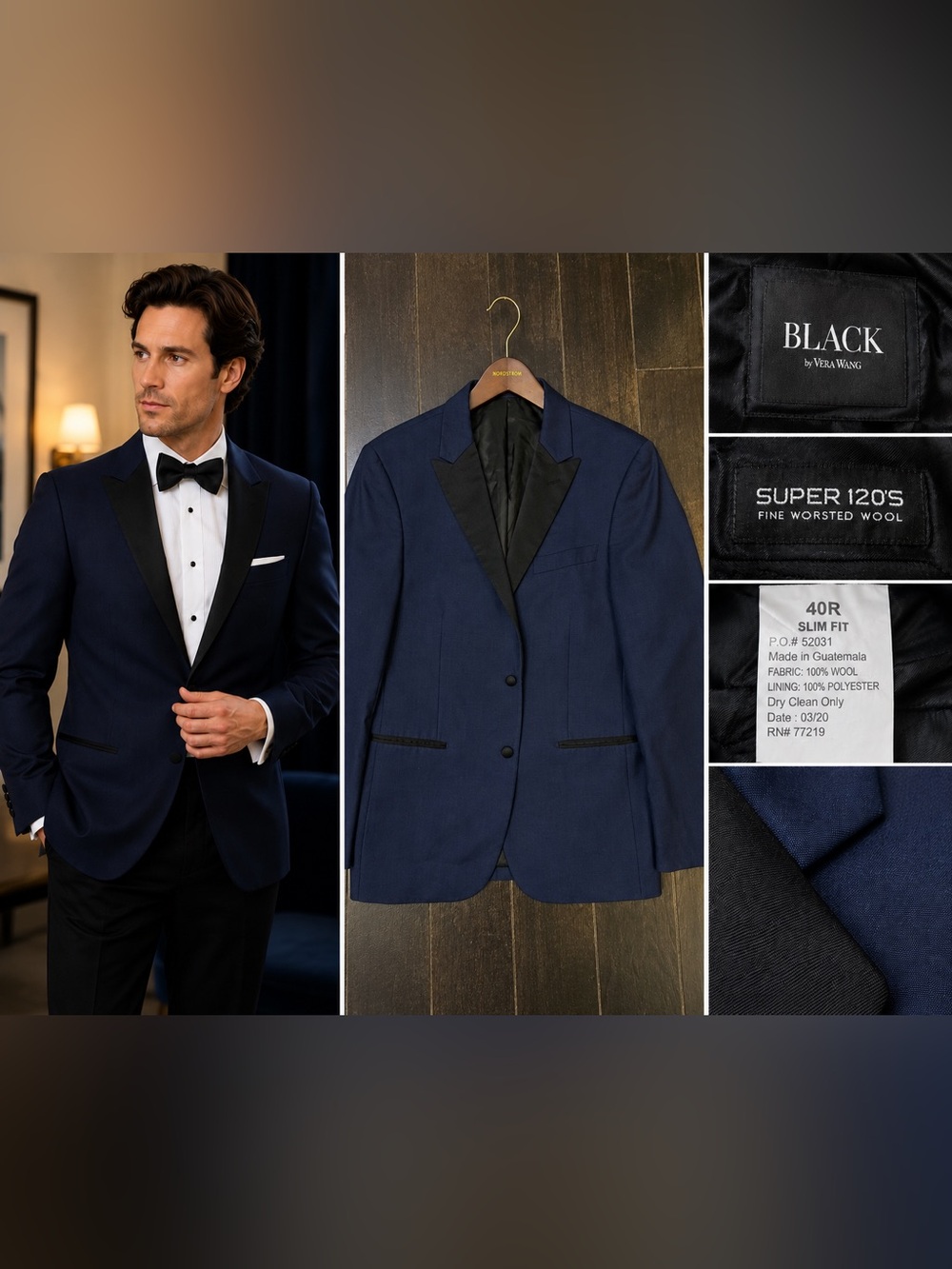 Black by Vera Wang 40R Slim Fit Navy Tuxedo Jacket Super 120s Wool Formal